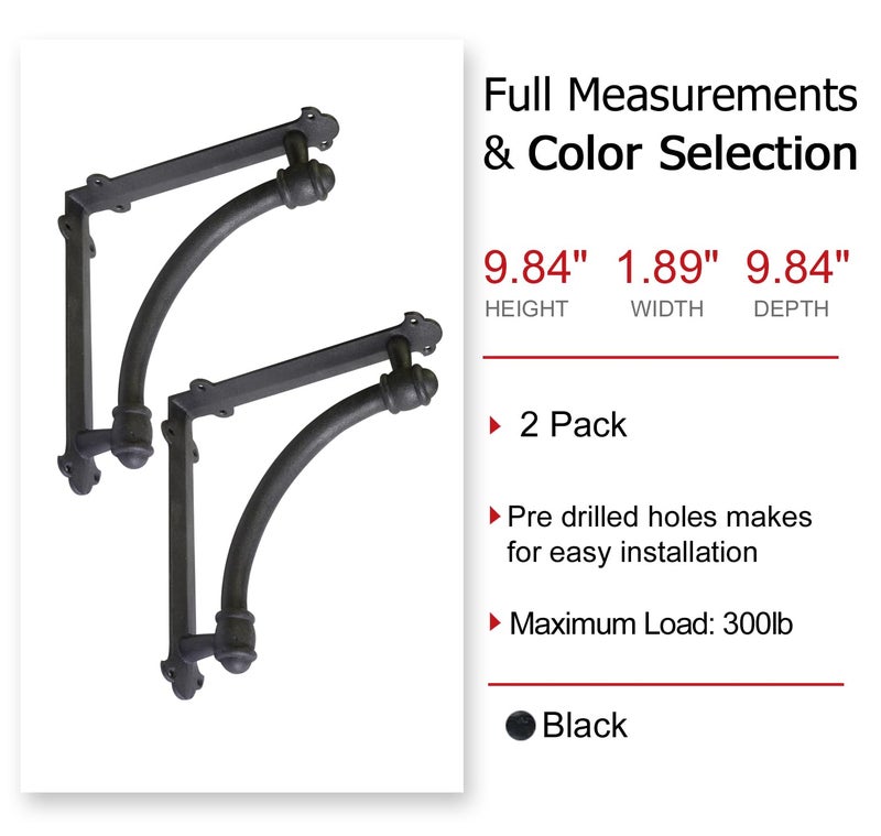 NACH Decorative Shelf Brackets, 2 Pack of 9.6 x 1.7 x 9.6 inch Black Cast Iron Shelf Brackets - Decorative Brackets for Mounting - Half Round Style Brackets - Image 3