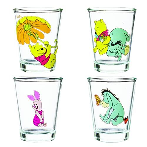 Silver Buffalo Disney Winnie the Pooh Retro Groovy Featuring Eeyore and Piglet 4 Pack Mini Glass Set 15 Ounces