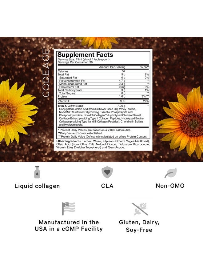 Codeage Liquid Collagen Supplement Chocolate Flavor, Beauty Trim & Glow Liposomal Collagen Peptides, CLA Conjugated Linoleic Acid, Hyaluronic Acid, Vitamin E, Hydrolyzed, Non-GMO, 15.22 fl oz - Image 2