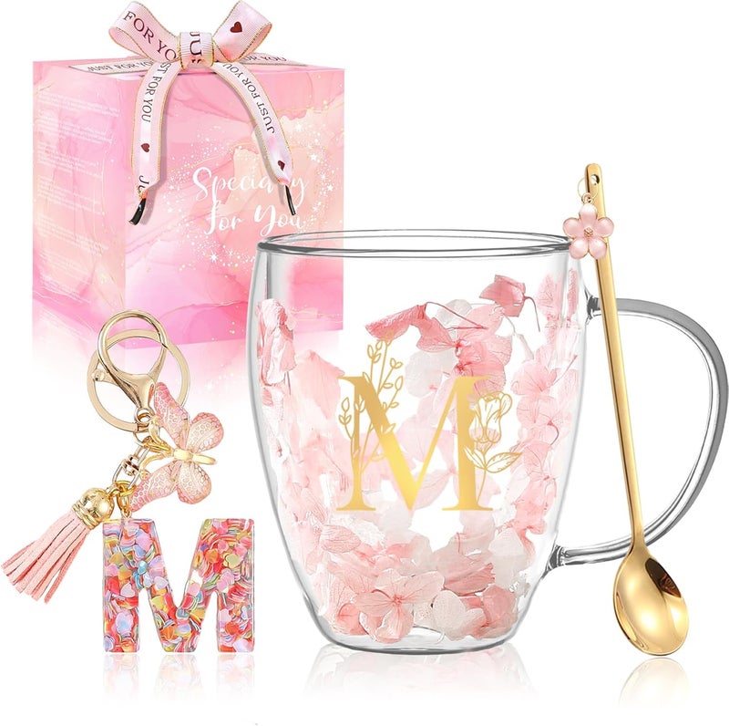 BigNoseDeer Gifts for Women Glass Coffee Mugs Unique Birthday Gift for Women Her Ladies Espresso Tea Cups Personalised Friendship Wedding Gifts Cute Double Walled Glass Mugs Pink Stuff Graduation Gift (Letter M) - Image 1