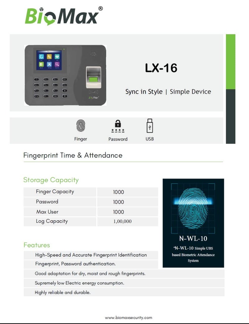 BioMax LX-16 Fingerprint Biometric Time and Attendance Machine - Image 2