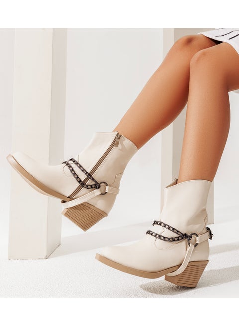 أحذية كاحل جلد باكسسوارات وسوسته  - G-32 - بيج