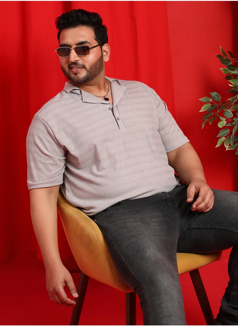 انستافاب بلس Instafab Plus Men's Cloud Grey Grainy-Tactile Polo T-Shirt For Casual Wear | Polo Neck | Short Regular Sleeves | Half-Button Closure | Plus Size T-Shirt Crafted With Comfort Fit For Everyday Wear