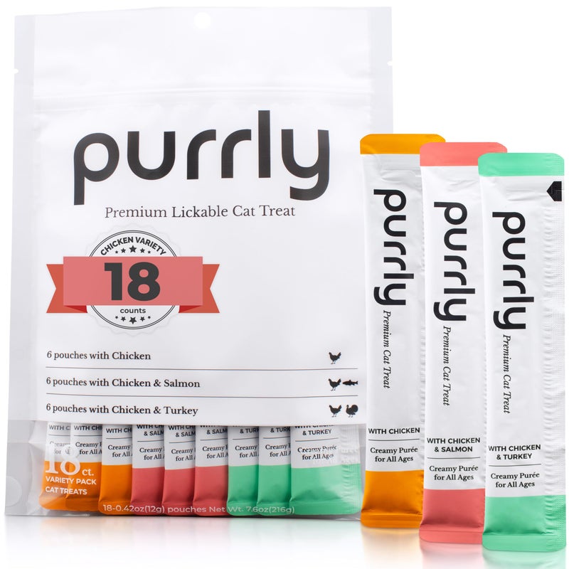Purrly Lickable Wet Cat Treats Healthy Grain-Free Chicken Variety Pack (18 Count) Squeezable Creamy PurÃ©e with Human-Grade Protein Functional Nutrients Non-GMO No-Artificial-Additives Low-Phosphorus - Image 1