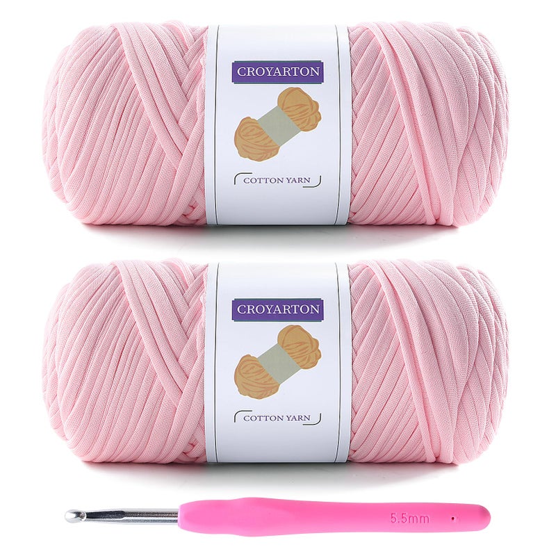 NDICANG 2 Pack T Shirt Yarn for Crocheting with 1 Crochet Hook, Elastic Tshirt Yarn for Crochet Bag/Baskets/Home Decor, Spaghetti Yarn Thick Knitting Yarn Total Length 130 Yds (Cherry Blossom Powder) - Image 1