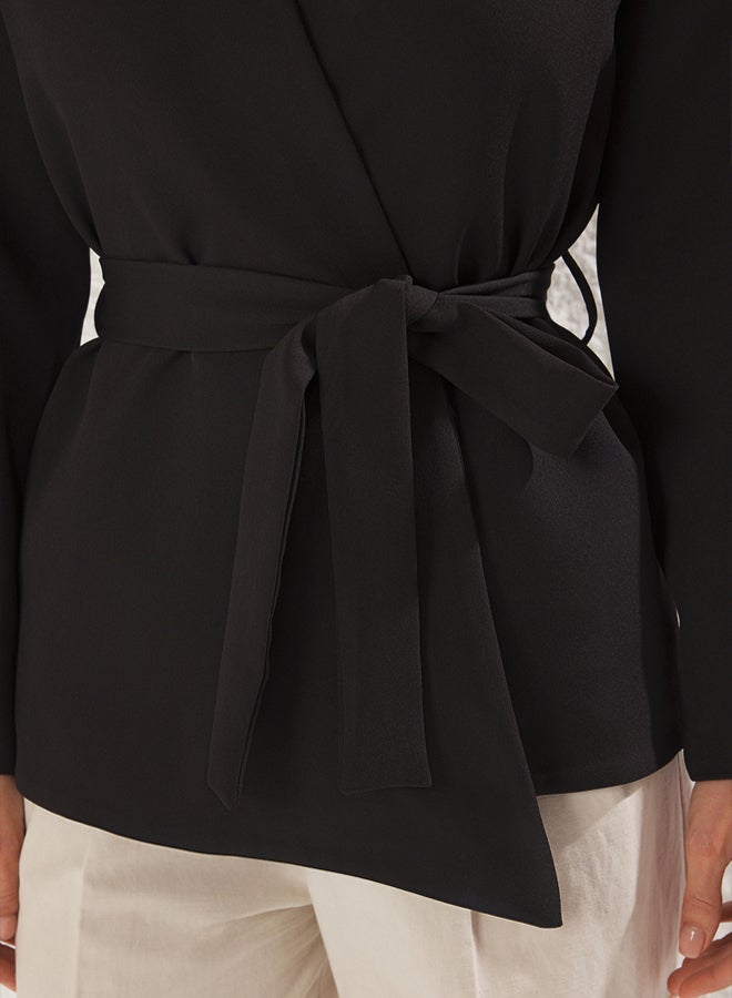 trendyol جاكيت بلازر منسوج مزدوج الصدر بتفاصيل ربط سوداء - Image 3