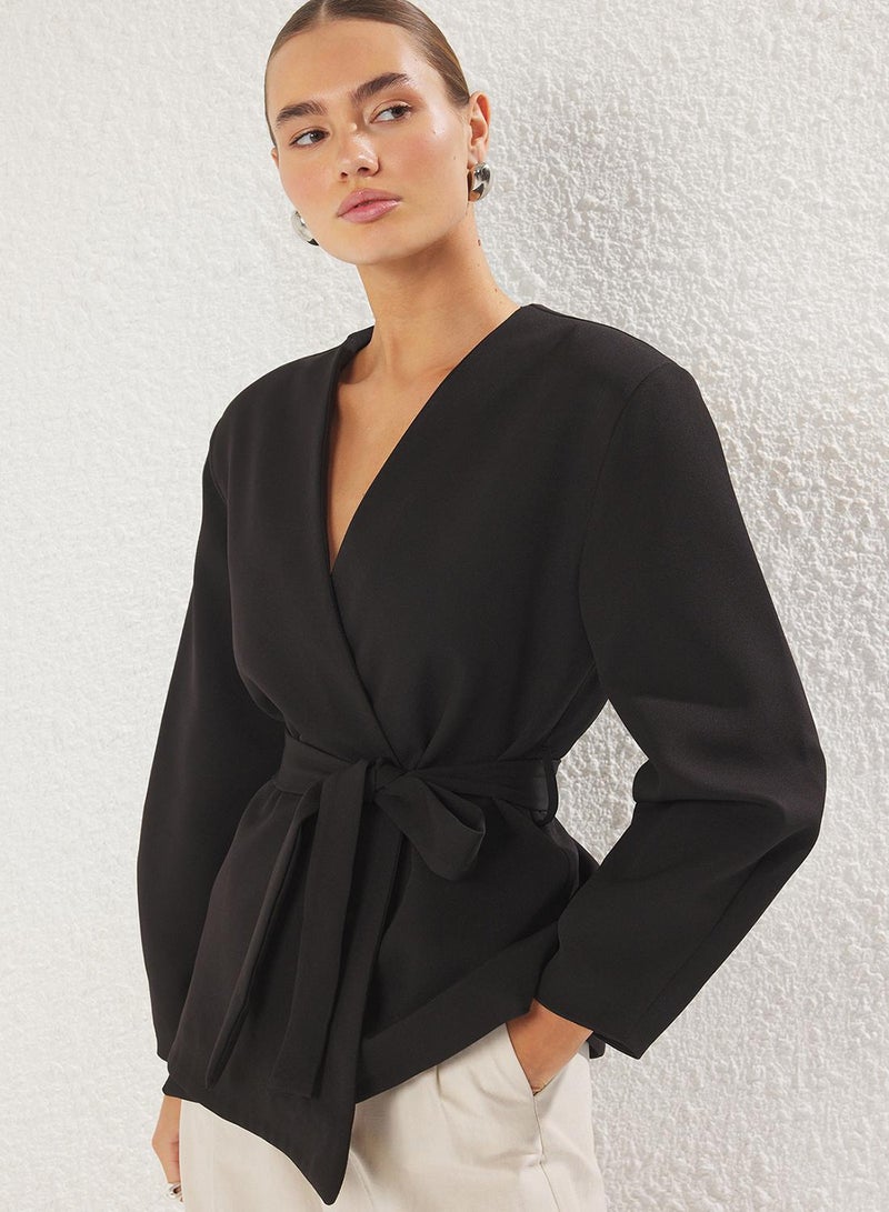 trendyol Black Double Breasted Lacing Detail Woven Blazer Jacket - Image 2