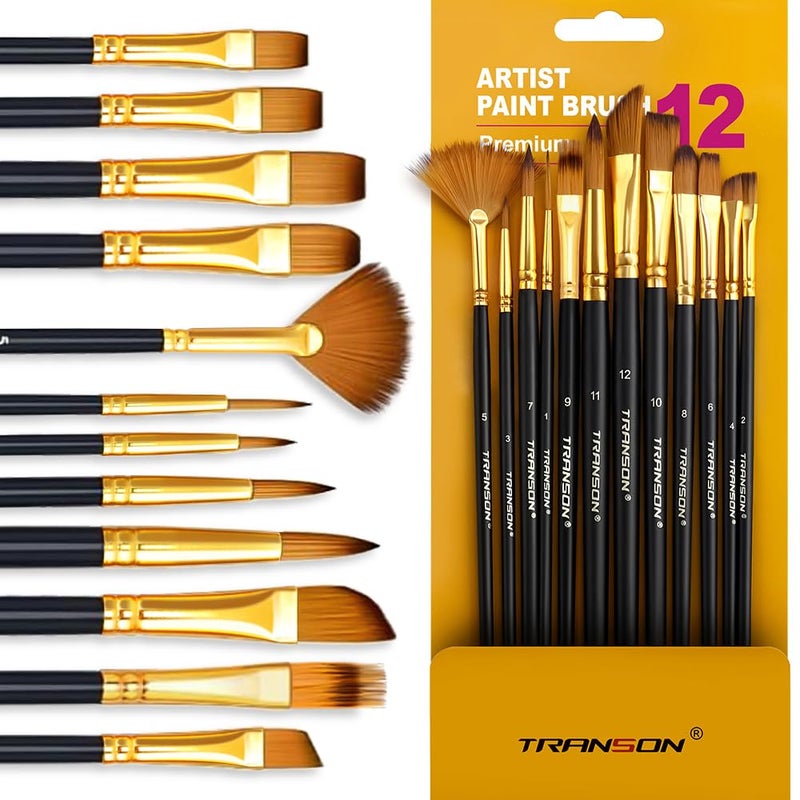 Transon Art Painting Brush Assorted Set of 12 for Acrylic Watercolor Gouache Hobby Painting - Image 1