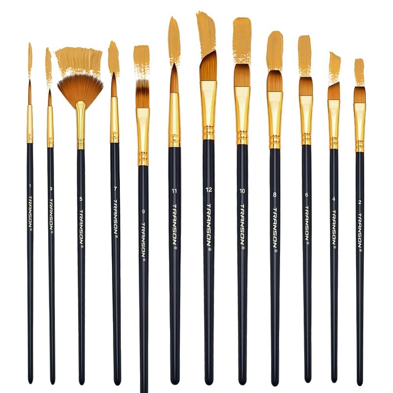 Transon Art Painting Brush Assorted Set of 12 for Acrylic Watercolor Gouache Hobby Painting - Image 4