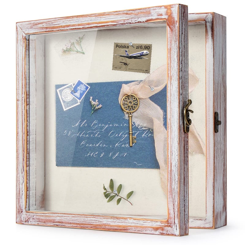 TJMOREE Flowers Shadow Box Display Case 11 x 11 Shadow Box Frame with Glass Window Door Farmhouse Picture Frame Wedding Bouquet Memorabilia Photos Memory Box for Keepsakes  White Pink