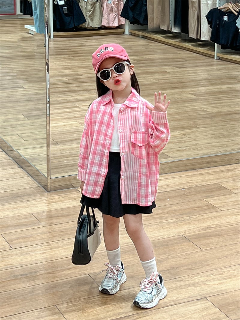 Korean Style Children'S Wear Girls' Shirt 2024 Autumn Shirt Western Style Pink Plaid Striped Stitching Single-Breasted Long-Sleeved Shirt - Image 2