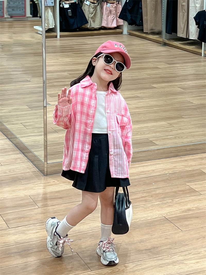 Korean Style Children'S Wear Girls' Shirt 2024 Autumn Shirt Western Style Pink Plaid Striped Stitching Single-Breasted Long-Sleeved Shirt - Image 4