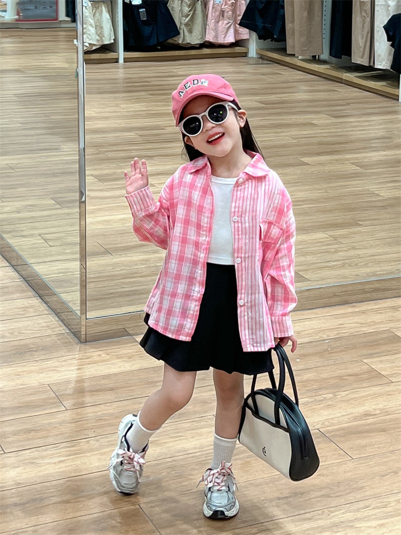 Korean Style Children'S Wear Girls' Shirt 2024 Autumn Shirt Western Style Pink Plaid Striped Stitching Single-Breasted Long-Sleeved Shirt - Image 3