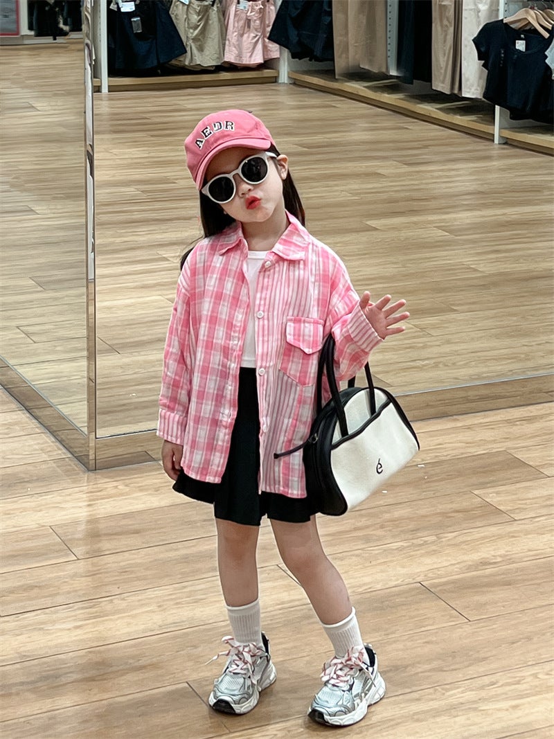 Korean Style Children'S Wear Girls' Shirt 2024 Autumn Shirt Western Style Pink Plaid Striped Stitching Single-Breasted Long-Sleeved Shirt - Image 5