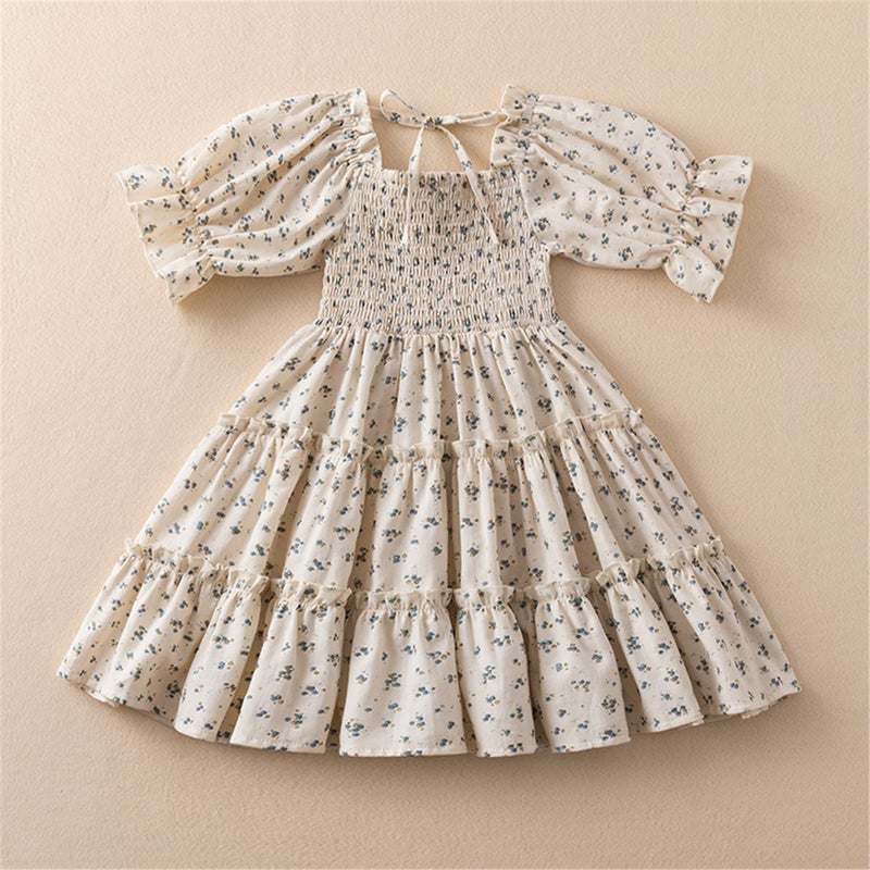 NNJXD Little Girl Smocked Elastic Dress Princess Girls Casaul Printed A-line Sundress 1913 Floral 3-4 Years - Image 3