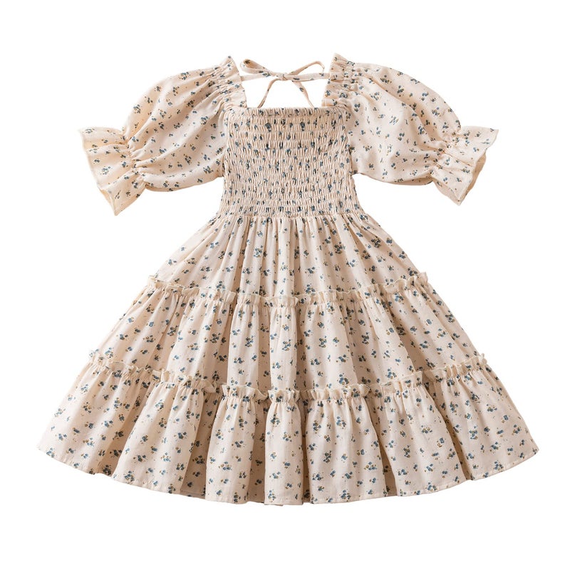 NNJXD Little Girl Smocked Elastic Dress Princess Girls Casaul Printed A-line Sundress 1913 Floral 3-4 Years - Image 1