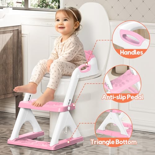 SKYROKU Potty Training Seat with Step Stool Ladder, Toddler Toilet Seat for Boys Girls, Adjustable 6 Heights Fits Round & Elongated Toilets, Anti-Slip Pads & Leak-Proof Guard - Image 4