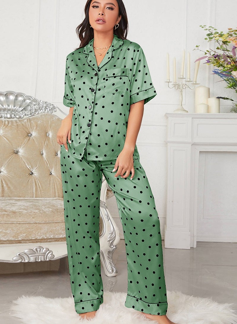 Loquat Women's Imitation Silk Dots 2-Piece Set Nightgown Sleepwear Short Sleeve Lapel Top And Pants Soft Loungewear Pajamas Suit Black/Green  - Image 1