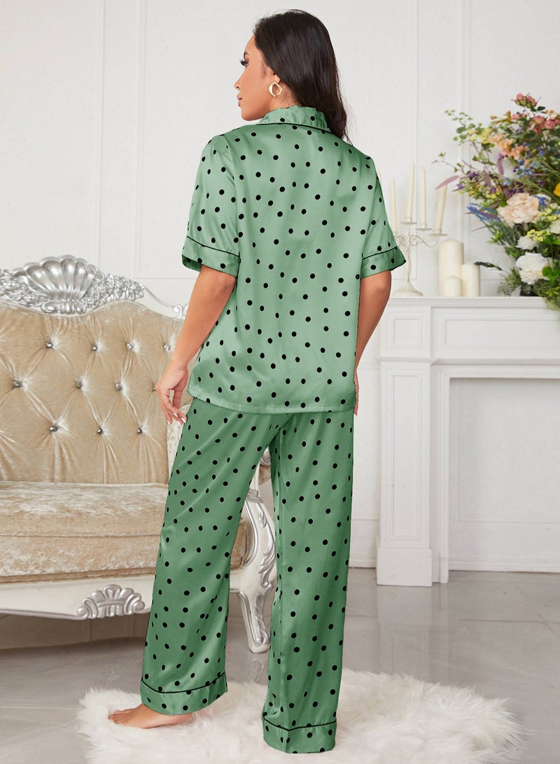 Loquat Women's Imitation Silk Dots 2-Piece Set Nightgown Sleepwear Short Sleeve Lapel Top And Pants Soft Loungewear Pajamas Suit Black/Green  - Image 2