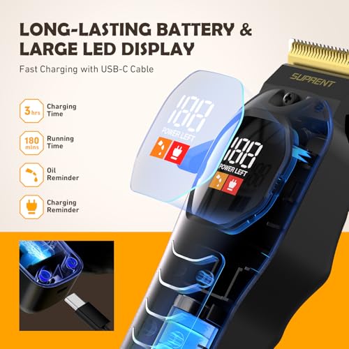 SUPRENT Professional Cordless Hair Clippers for Men- Hair Cutting Kit for Barbers & Family, Wireless Beard Hair Trimmers Set with LED Display, Rechargeable Hair Cutting Machine for Family (Black) - Image 4