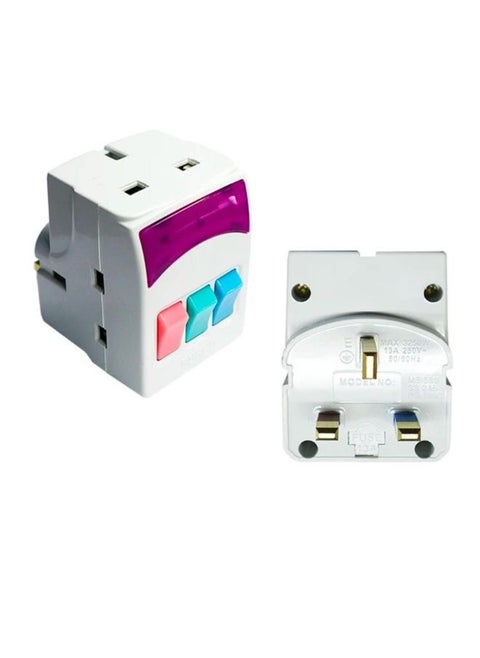 3Pin Plug Adapter With Individual Switches,Multi Plugs Power Socket Extension,Universal Plug Adapter,Triple Outlet Power Extender with Built in Fuse for Home,Travel,Kitchen And Office Use (White)