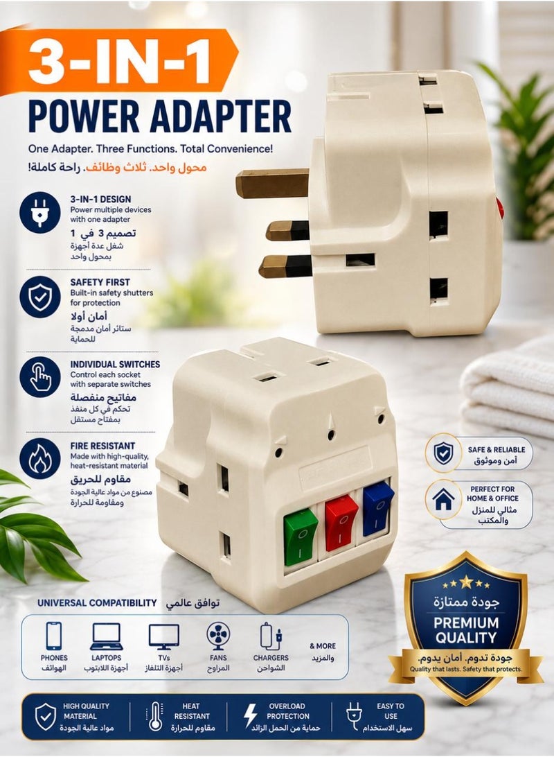 3Pin Plug Adapter With Individual Switches,Multi Plugs Power Socket Extension,Universal Plug Adapter,Triple Outlet Power Extender with Built in Fuse for Home,Travel,Kitchen And Office Use (White)