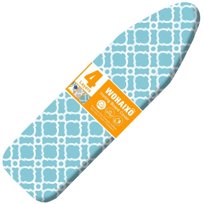 IRONING BOARD COVER AND PAD STANDARD SIZE 15 X 54 IRON BOARD REPLACEMENT COVER 4 LAYERS EXTRA THICK IRON BOARD COVER RESIST SCORCHING AND STAINING WITH ELASTIC EDGE AND 2 FASTENER STRAPS