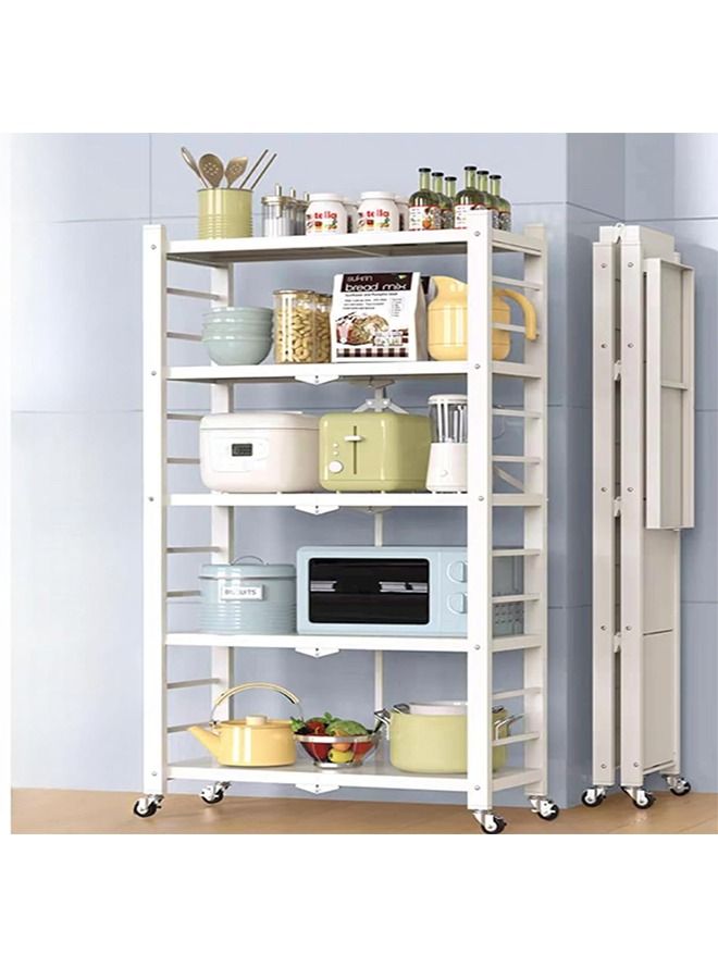 Beauenty Folding Storage Shelves, 5-Tier Metal Collapsible Shelves with Wheels, Shelving Units and Storage Rack, Rolling Shelf No Assembly (white, 5 Tier) - Image 1
