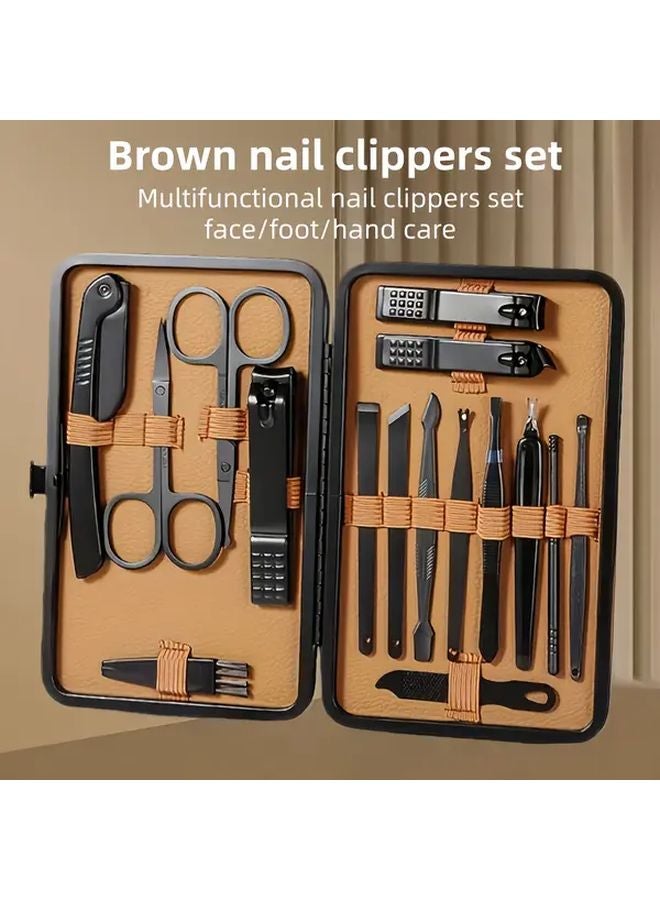 Brown16 16 Pcs Stainless Steel Nail Clippers Set With Travel Case Manicure Pedicure Tools - Image 2