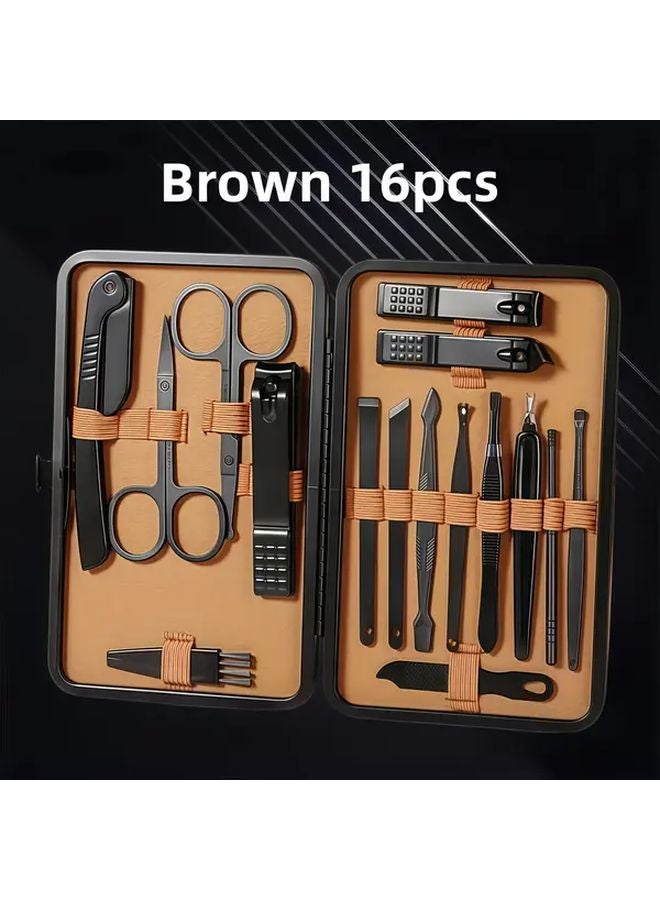 Brown16 16 Pcs Stainless Steel Nail Clippers Set With Travel Case Manicure Pedicure Tools - Image 1