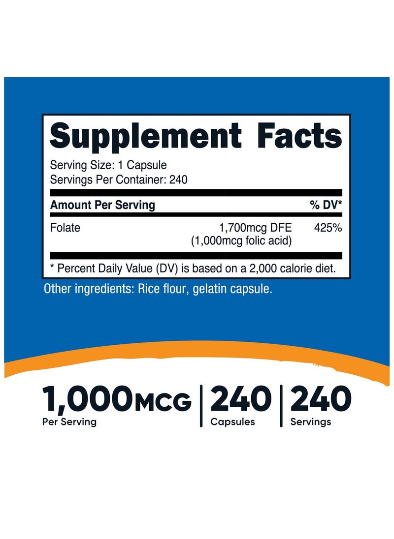 Nutricost - Folic Acid- (Vitamin B9), 1000 MCG Per serving | 240 Capsules | 240 SERVINGS - Image 1