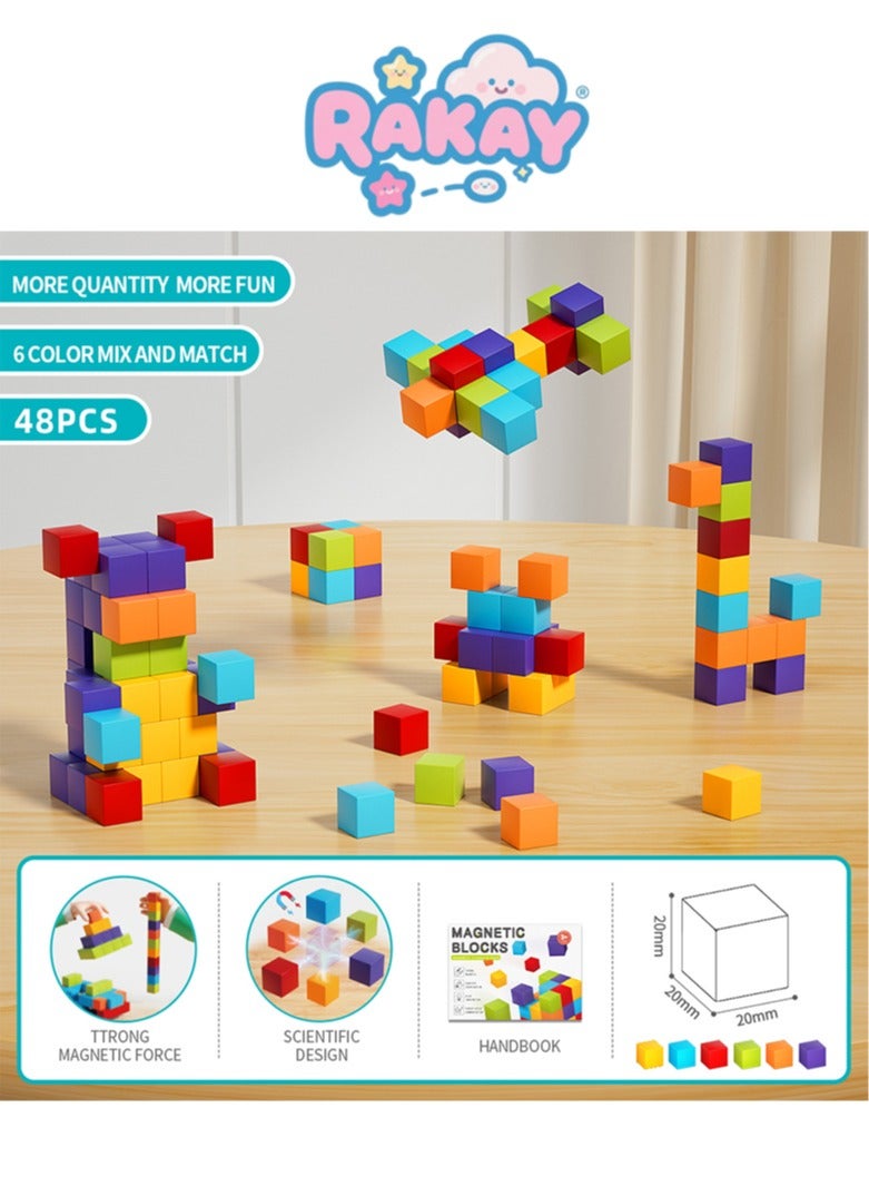 RAKAY Magnetic Building Blocks Set, 48 Pieces, 6 Colors Mix and Match, Educational STEM Construction Toy with Strong Magnetic Force - Image 1