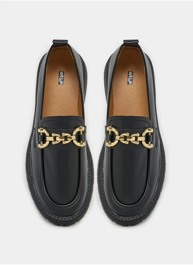 Styli Chain Detail Leather Look Loafers
