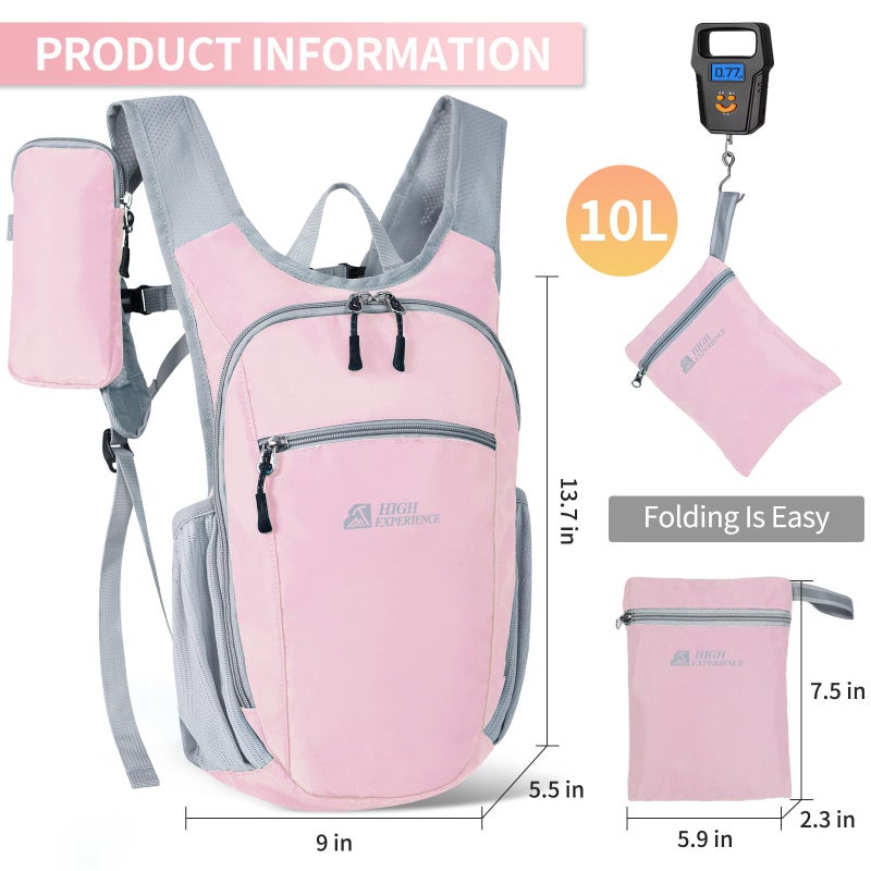 HIGH EXPERIENCE Hiking Backpack 10L/15L Small Daypack Lightweight Packable Travel Foldable Water Resistan for Women Men (Pink, 10L) - Image 3