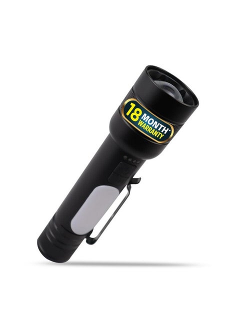 IBELL FL8375S Rechargeable Torch, Powerbank Function, Aircraft Aluminum Body, Telescopic Zoom, Water Resistant Flashlight with Multiple Light Modes (Black)