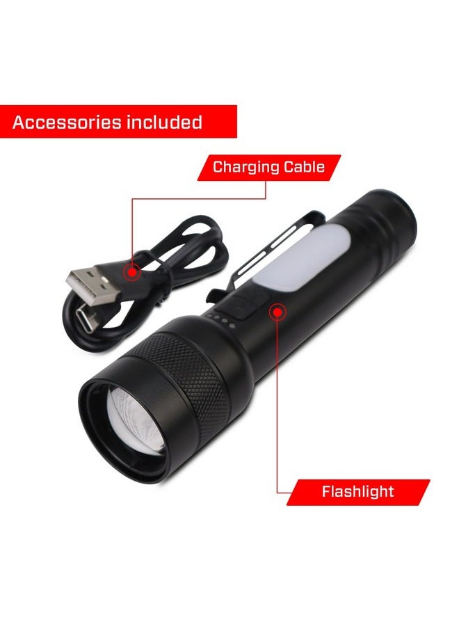 IBELL FL8375S Rechargeable Torch, Powerbank Function, Aircraft Aluminum Body, Telescopic Zoom, Water Resistant Flashlight with Multiple Light Modes (Black)