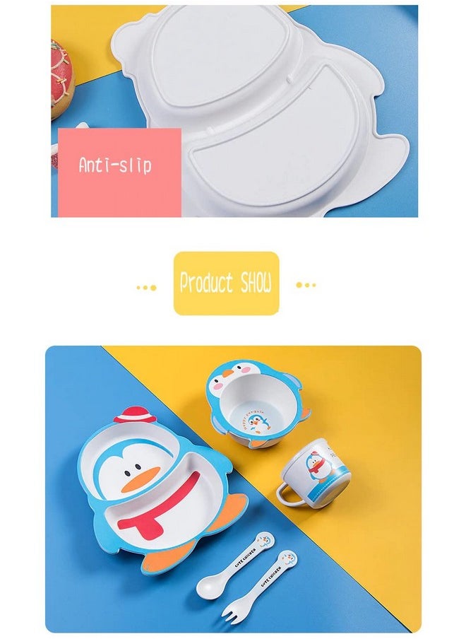 HS Enterprise - Penguin Shape Bamboo Baby Tableware Set, Eco Friendly Bamboo Fiber Dinner Set For Weaning Toddlers/Kids, Set Of Plate Bowl Cup Fork And Spoon/Baby Feeding Utensils For Kids (Penguin) - Image 1