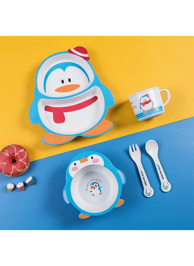 HS Enterprise - Penguin Shape Bamboo Baby Tableware Set, Eco Friendly Bamboo Fiber Dinner Set For Weaning Toddlers/Kids, Set Of Plate Bowl Cup Fork And Spoon/Baby Feeding Utensils For Kids (Penguin) - Image 1