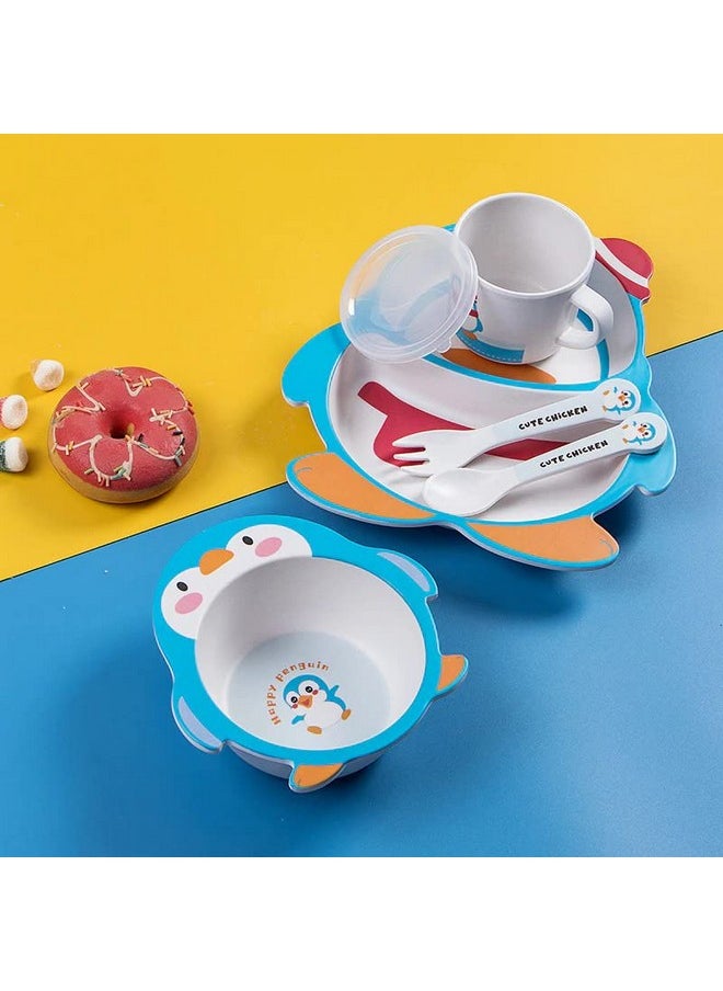 HS Enterprise - Penguin Shape Bamboo Baby Tableware Set, Eco Friendly Bamboo Fiber Dinner Set For Weaning Toddlers/Kids, Set Of Plate Bowl Cup Fork And Spoon/Baby Feeding Utensils For Kids (Penguin) - Image 1