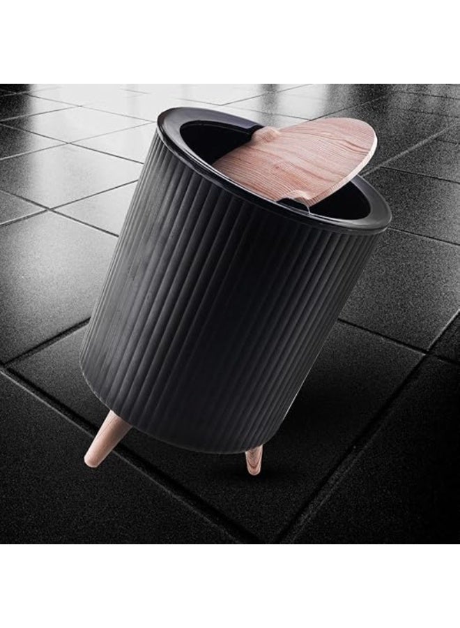 Decoration Trash Can, Creative Sliding Lid and Wooden Legs, Black  - Image 2