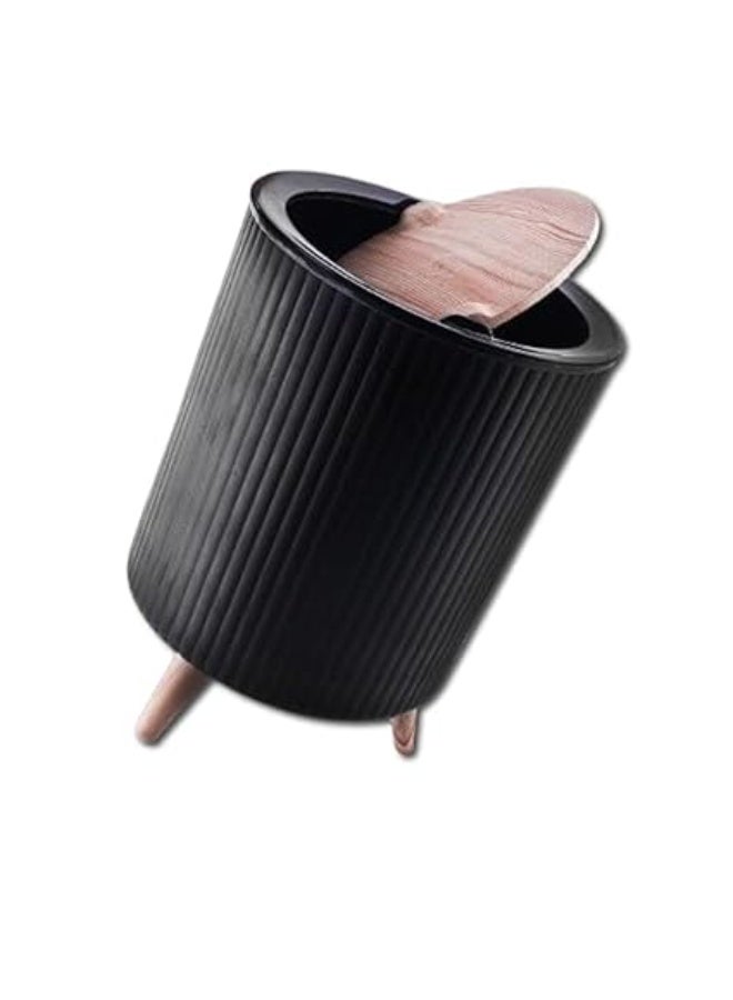 Decoration Trash Can, Creative Sliding Lid and Wooden Legs, Black  - Image 1