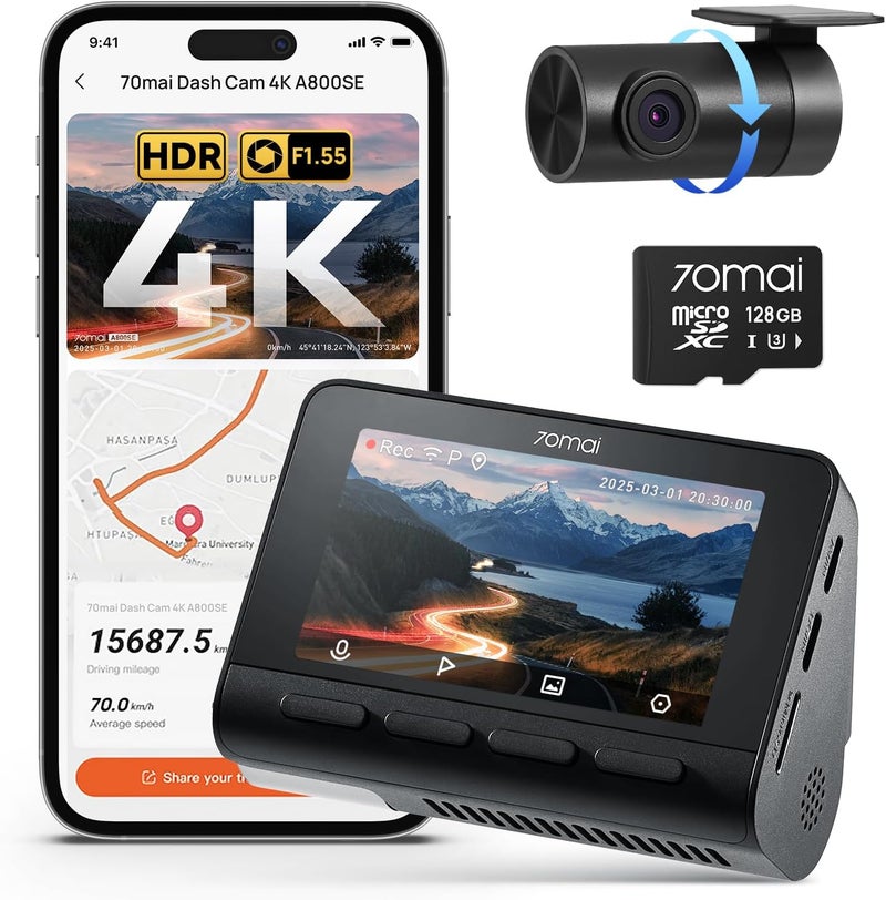 70mai A800SE 4K Dash Cam with 1080P Rear Camera and 128GB Memory Card
