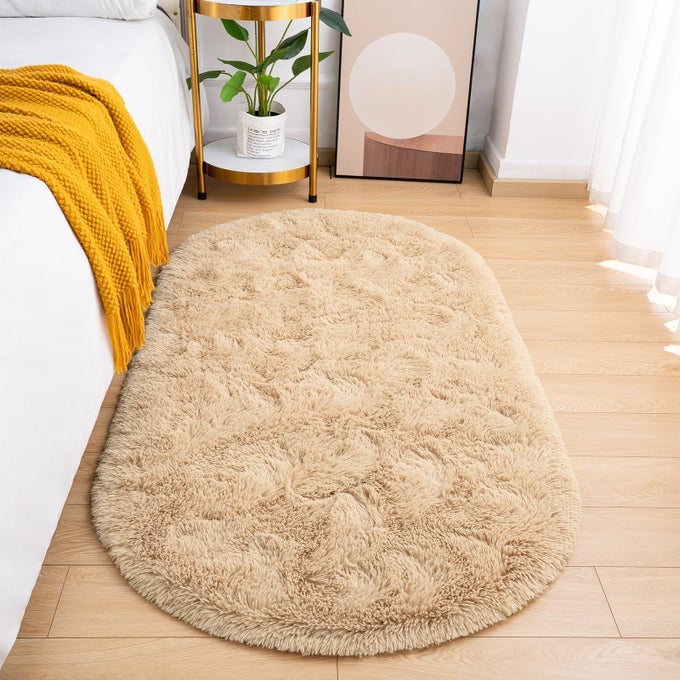 FLUFFY BEDROOM RUG SMALL OVAL AREA RUGS BEIGE SHAG BEDSIDE CARPET FOR KIDS ROOM NURSERY DORM CUTE FUZZY INDOOR DECOR FOR BOY AND GIRL 26 X 52 FEET