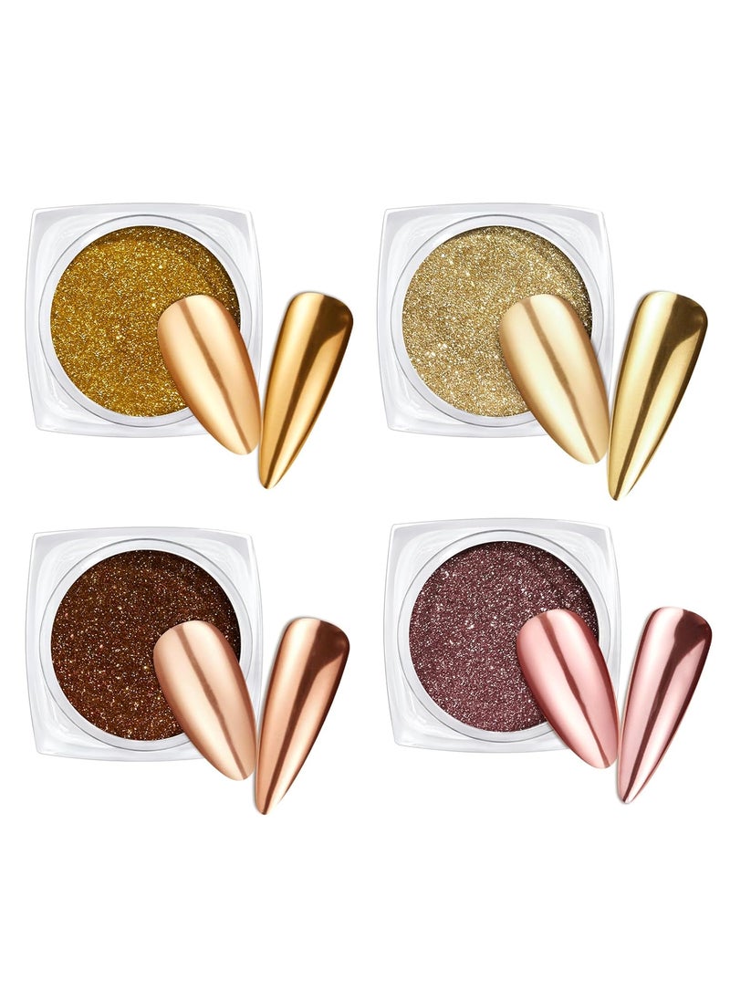 beetles Gel Polish Beetles Metallic Chrome Nail Powder Mirror Effect Gold Champagne Chrome Powder 4 Colors Brown Nails Art Design Manicure Decoration Glitter, 0.5g/Jar Holiday Gift for Women Girls 