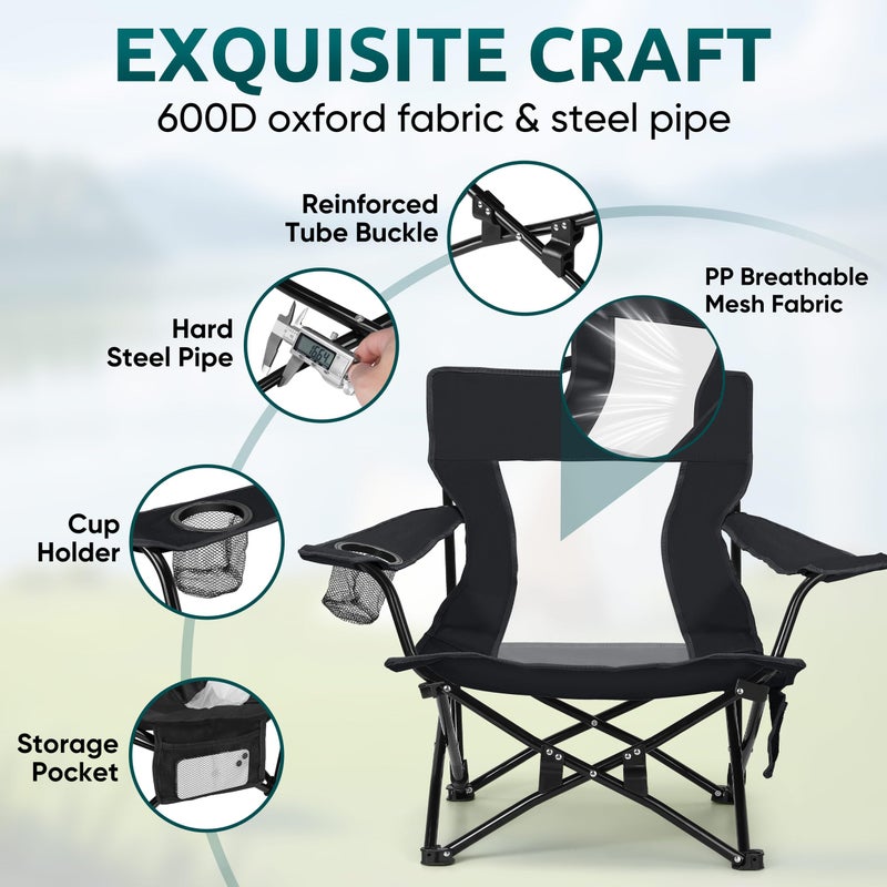 HaSteeL Folding Beach Chair Set of 2, Foldable Black Camping Chairs for Outside, Low Beach Chair Portable for Adults Fishing, Picnic, Outdoor BBQ, Travel, Sports, Cup Holder & Storage Bag - Image 3