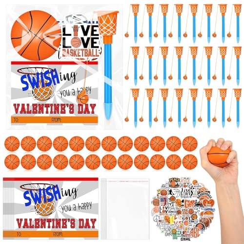 Gosodeny 24 Pack Basketball Party Favor Set with Mini Hoop Pens Stickers Exchange Cards and Gift Bags Bulk Gifts Sports Birthday Goodie Bag Fillers for Adult - Image 1