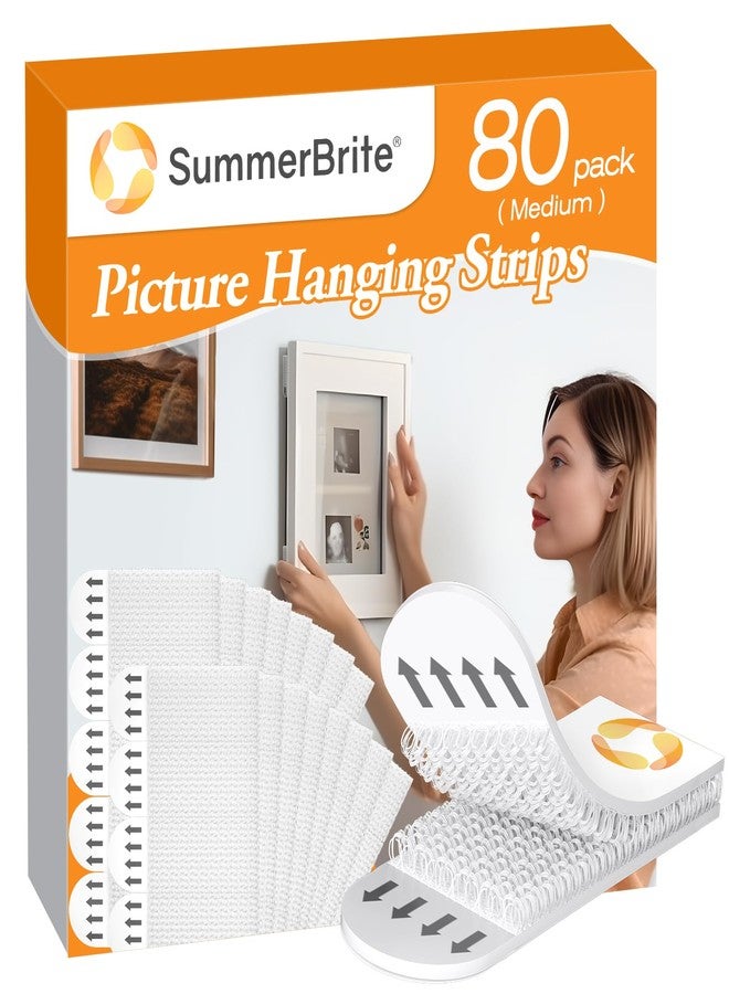 Summerbrite Picture Hanging Strips, Damage Free Hanging Picture Hangers, Picture Hanging Kit, Picture Hanging Hooks Without Nails, Adhesive Tape Wall Strips for Living Room Decor, White 40 Medium Pairs(80 Strips) - Image 1