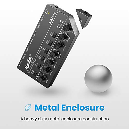 Moukey Audio Mixer, DC 5V, 6 Stereo Ultra, Low Noise 6 Channel Line Mixer for Sub-Mixing, for Small Clubs or Bars, As Guitars, Bass, Keyboards Mixer, MAMX2 - Image 3