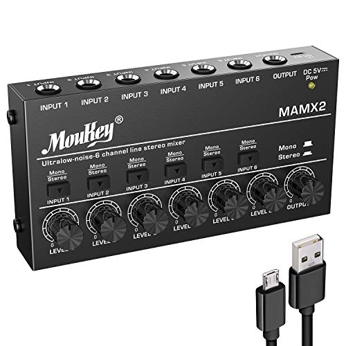 Moukey Audio Mixer, DC 5V, 6 Stereo Ultra, Low Noise 6 Channel Line Mixer for Sub-Mixing, for Small Clubs or Bars, As Guitars, Bass, Keyboards Mixer, MAMX2 - Image 1