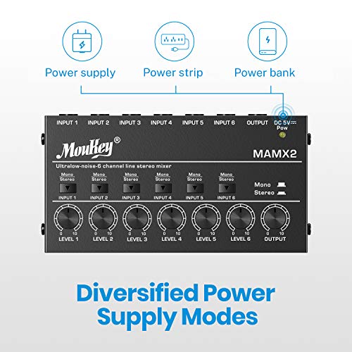 Moukey Audio Mixer, DC 5V, 6 Stereo Ultra, Low Noise 6 Channel Line Mixer for Sub-Mixing, for Small Clubs or Bars, As Guitars, Bass, Keyboards Mixer, MAMX2 - Image 5